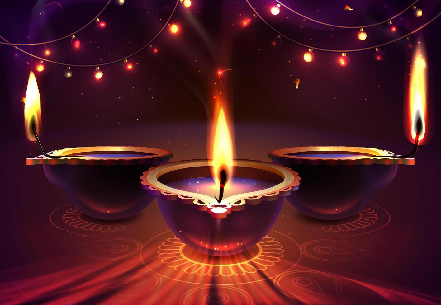 Diwali holiday background with realistic glowing diya candles, mandala and rangoli. Happy indian religious festival with lamps. Traditional hindu celebrate with light bulbs illustration. vector