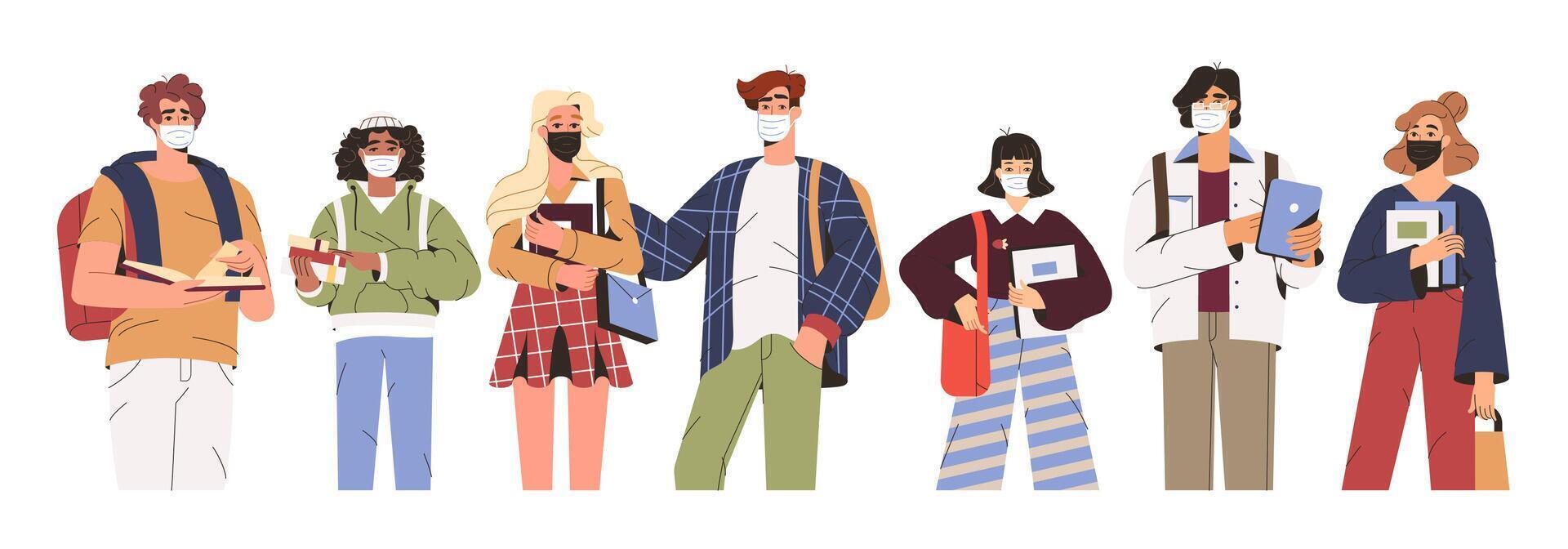 Flat multiethnic students in medical face mask. Group of young multicultural ethnic people characters in modern clothes wearing masks to prevent coronavirus. Stop pandemic and healthcare concept. vector