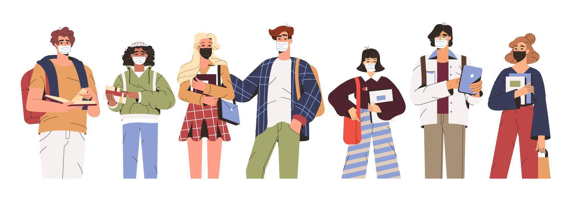 Flat multiethnic students in medical face mask. Group of young multicultural ethnic people characters in modern clothes wearing masks to prevent coronavirus. Stop pandemic and healthcare concept. vector