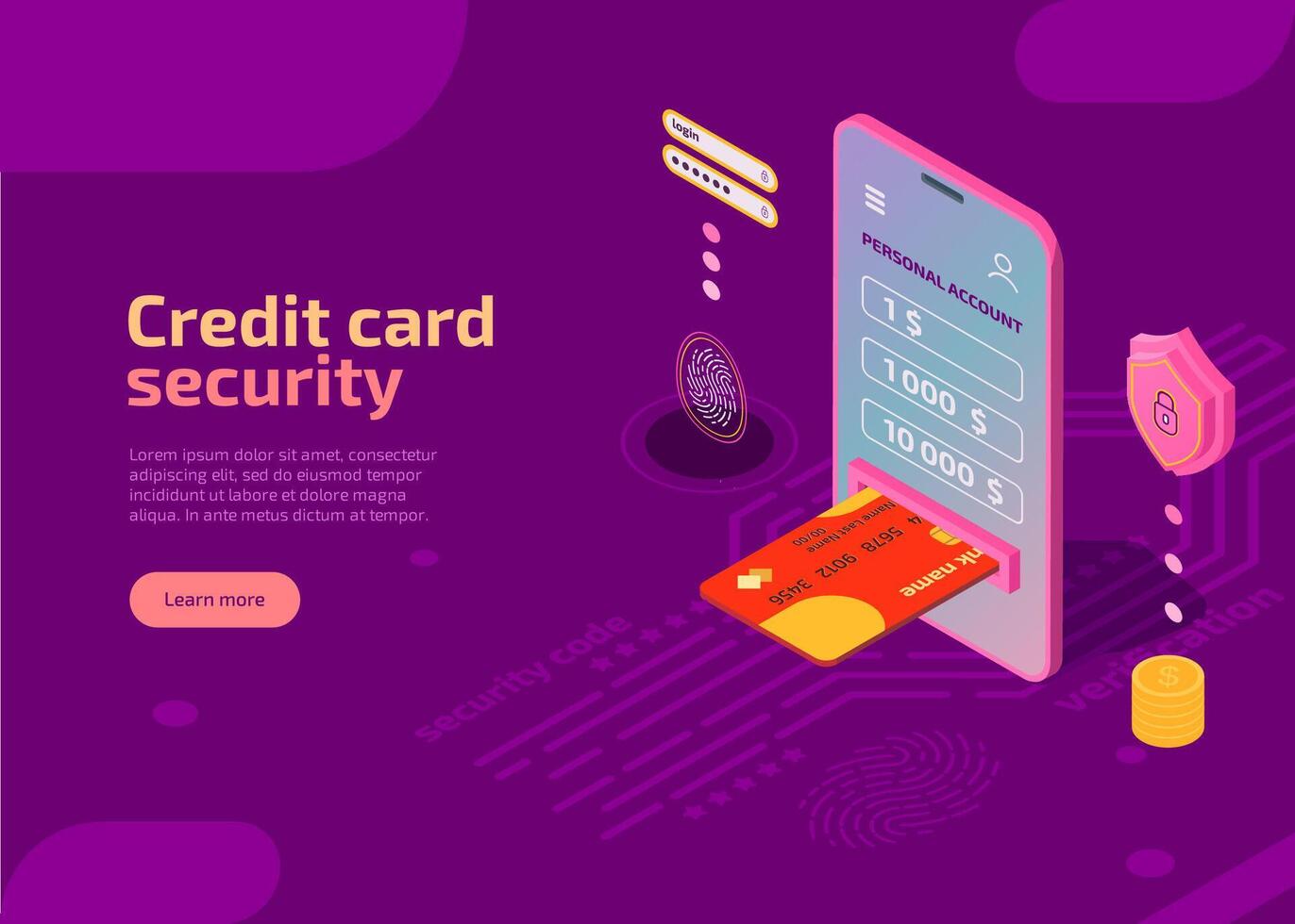 Credit card security isometric landing page. Money and personal data protection, secure payments concept. Bank payment application, shield guard to protect identity information on smartphone screen. vector
