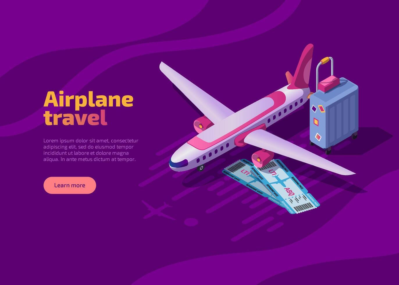 Airplane travel isometric landing page with plane on runway, airline tickets and suitcase on purple background. Business flights worldwide, passenger transportation, journey and tourism concept. vector