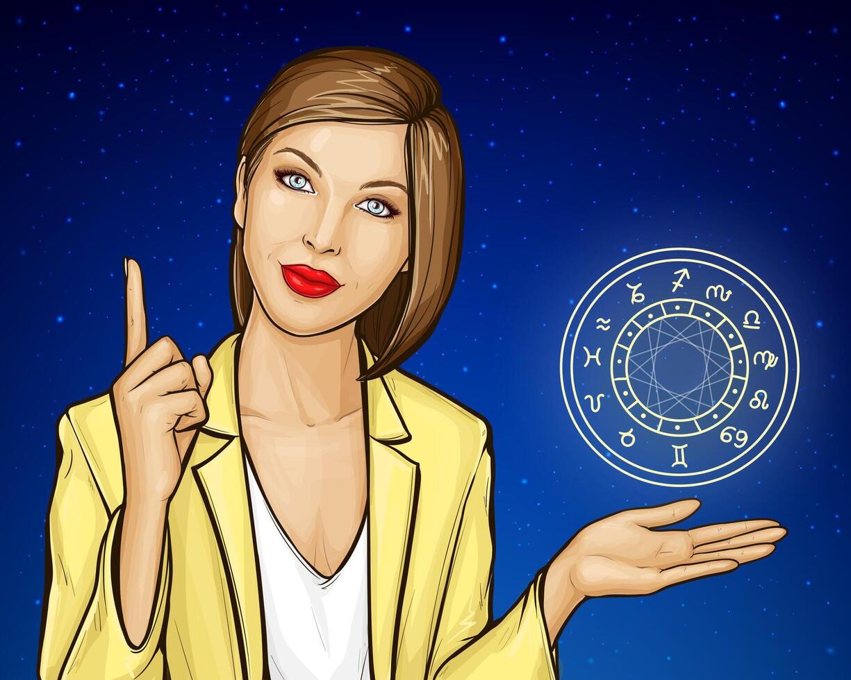 Pop art illustration of astrologer offering horoscope, online consultation, prediction of future events. Woman with zodiac circle predicts, gives advice, explains, index finger pointing up. vector