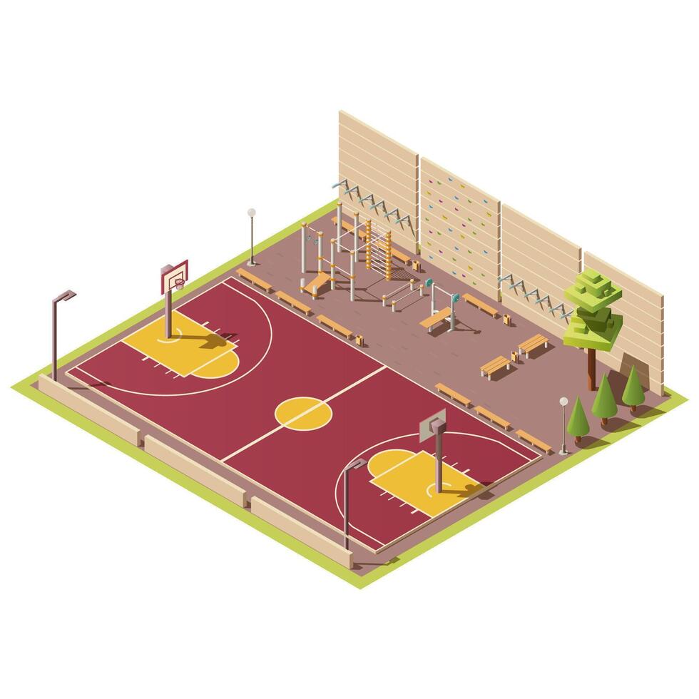 3d isometric field for basketball games near workout area with climbing wall. Outdoor sport arena with urban basketball court and training place. Isometry isolated on white background. vector