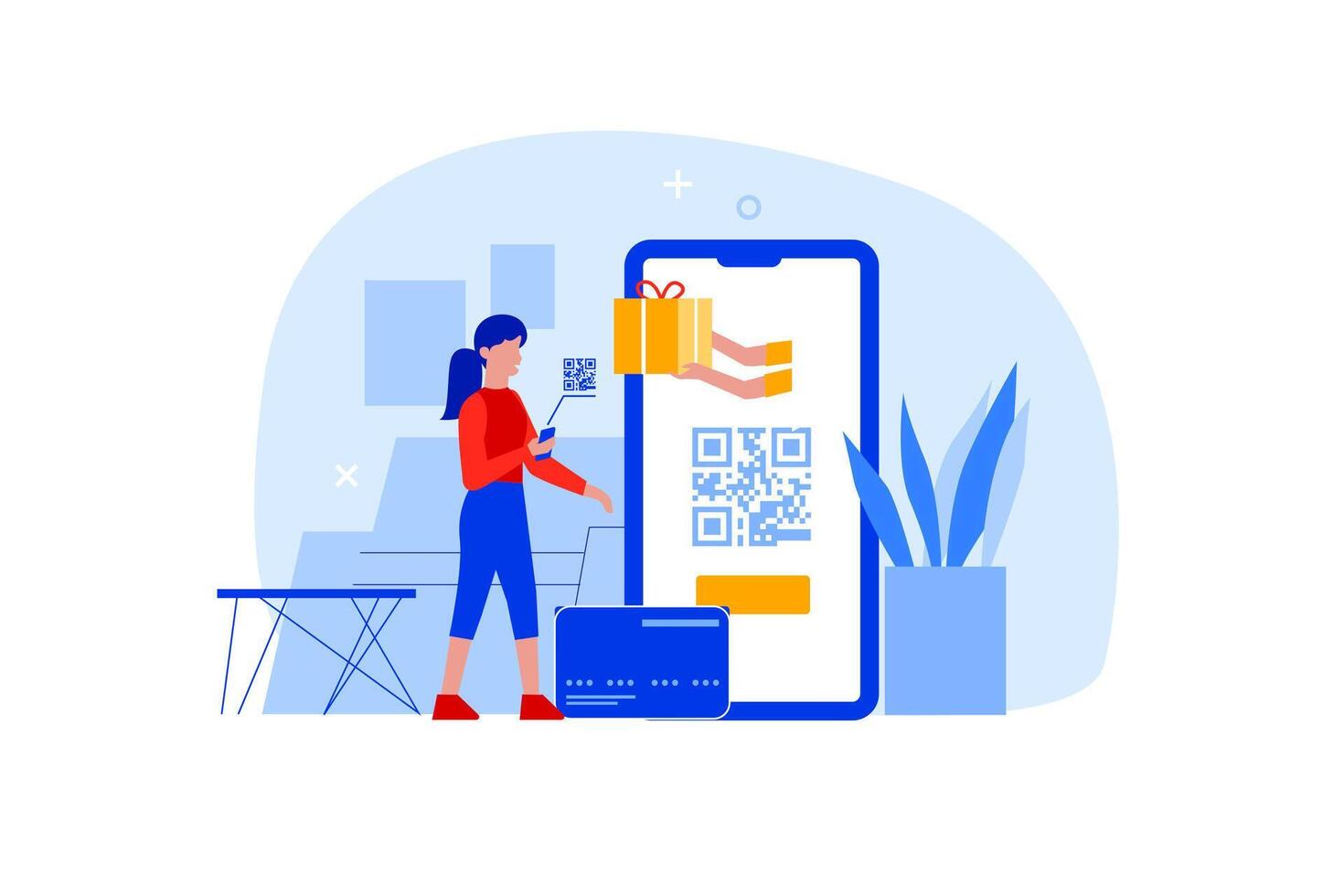 Flat woman with mobile phone in hands scan qr code for payment online. Character using smartphone scanner id app for barcode scanning or money transaction technology. Contactless shopping concept. vector