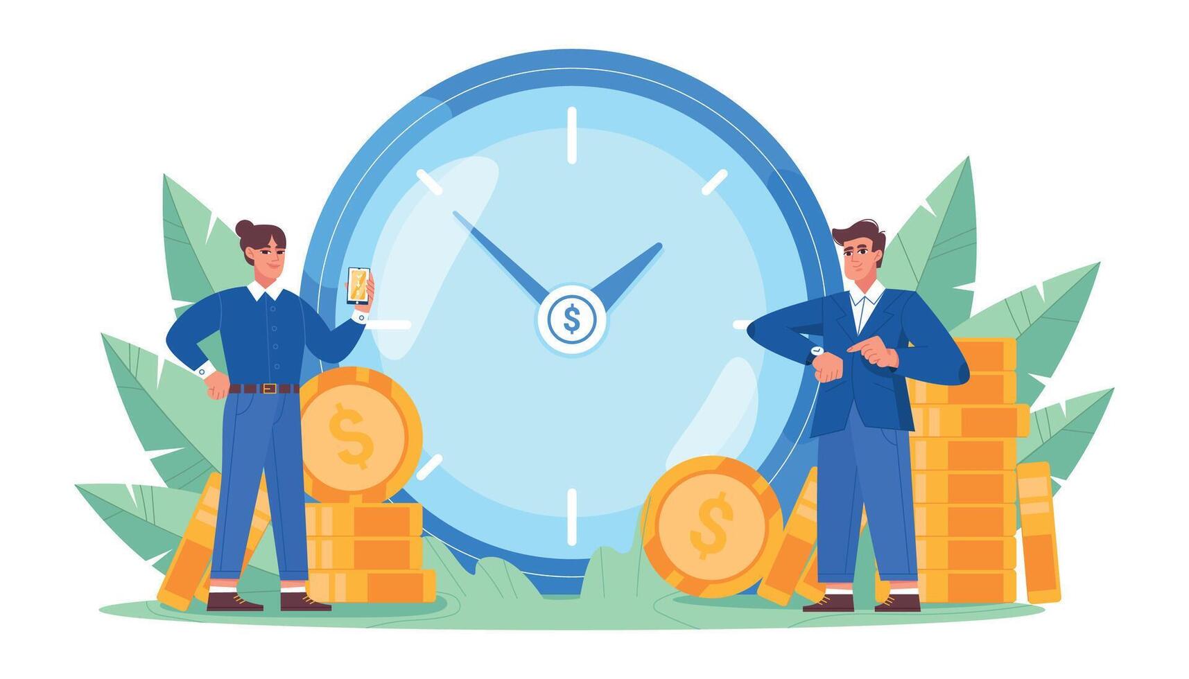 Time is money. Financial investment in stock market future and marketing planning of money growth with big clock, golden coins and business people. Save time concept in flat style illustration. vector