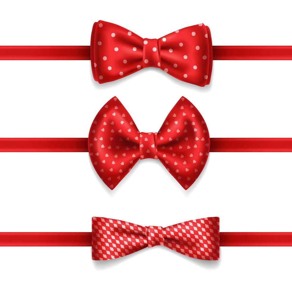 Red bow tie with white dots - set isolated on white background. Realistic illustration. Knot silk bow. Bowtie for an elegant evening suit, tuxedo. Classic satin butterfly, fashion cloth. vector