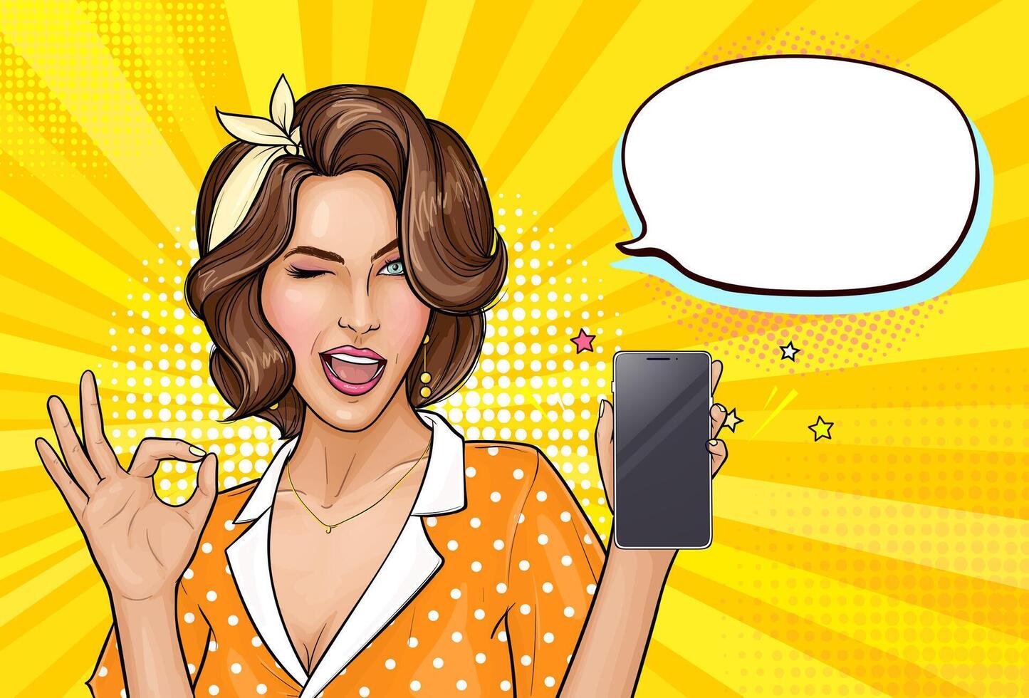 Pop art girl holding mobile phone. Winking woman showing screen of new smartphone and OK sign. Pretty lady on yellow background with empty speech bubble. illustration for digital advertisement. vector