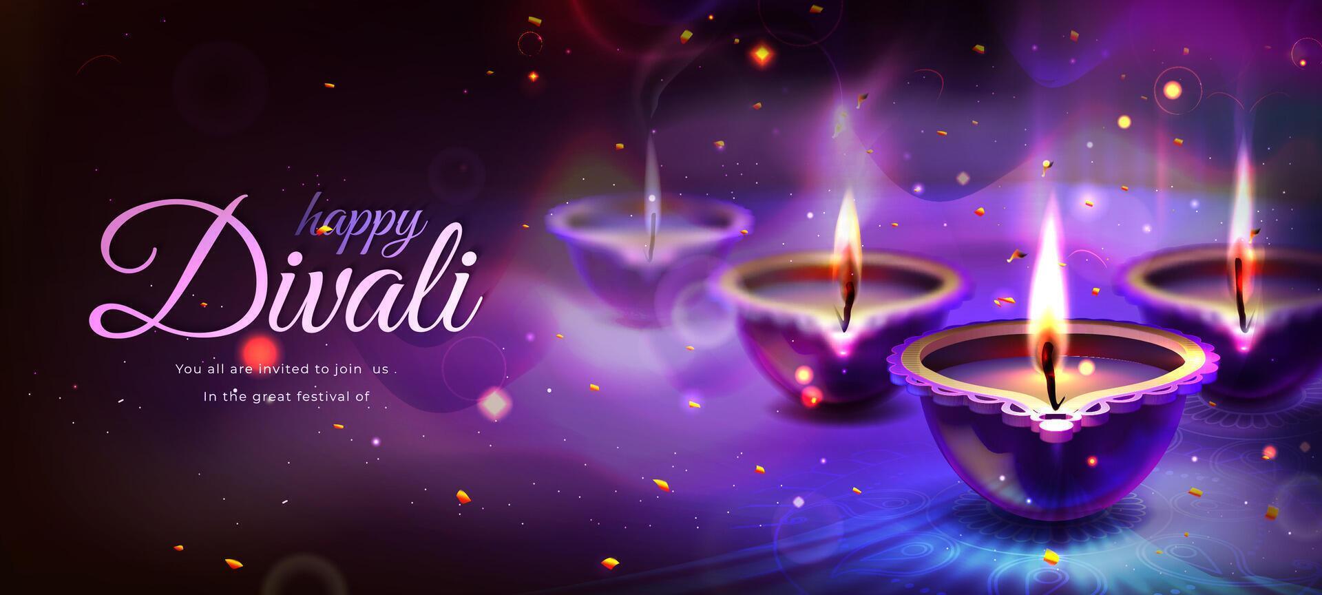 Realistic poster of happy diwali holiday with glowing diya candles on purple background. Traditional hindu festival with floral mandala. Indian religious celebration with burning lamps, rangoli design vector