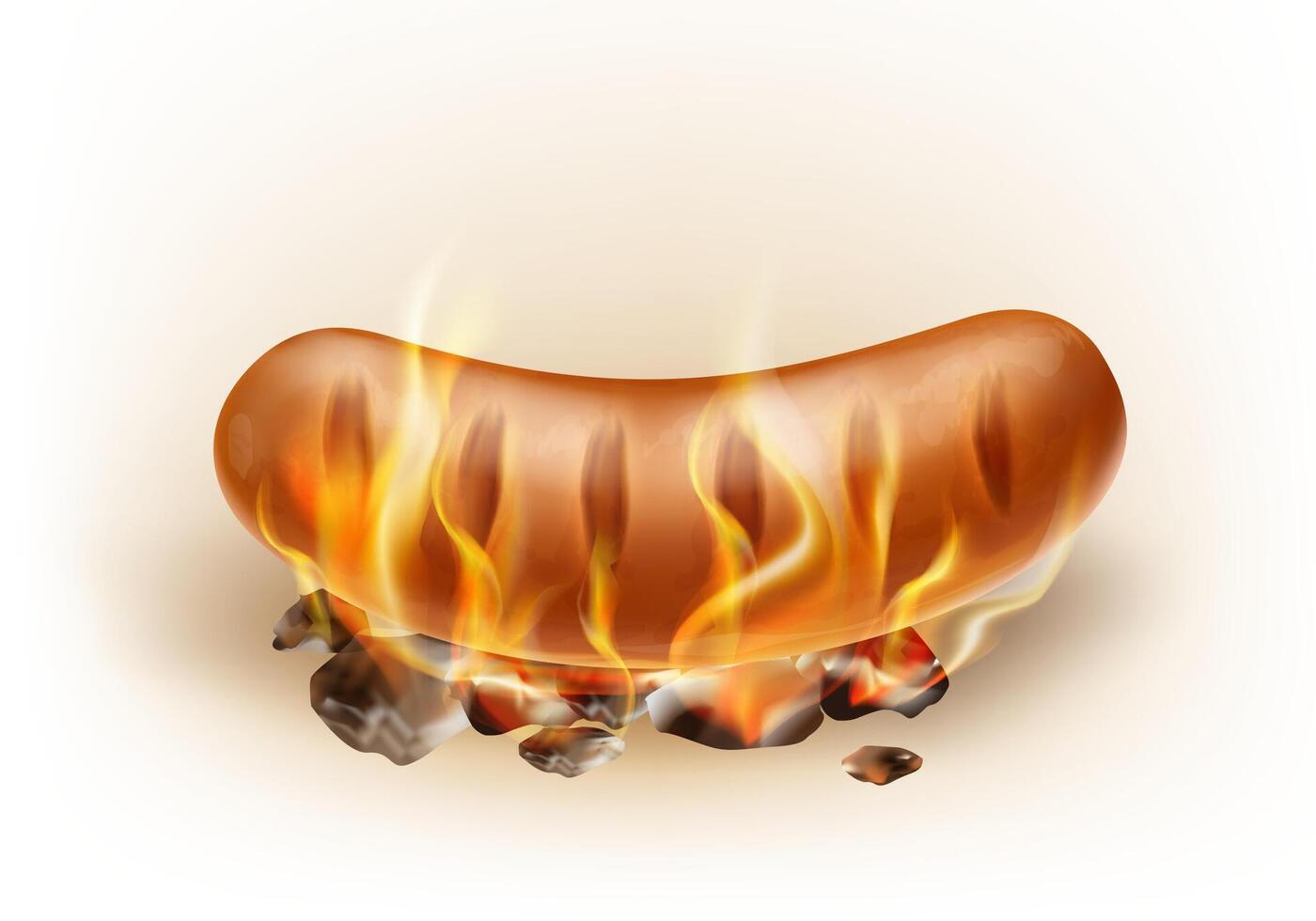 realistic hot grilled sausage roasted on coals and fire, isolated on the white background. Burning classic bratwursts in flame. Picnic barbeque meal, fired street fast food. Traditional bbq. vector