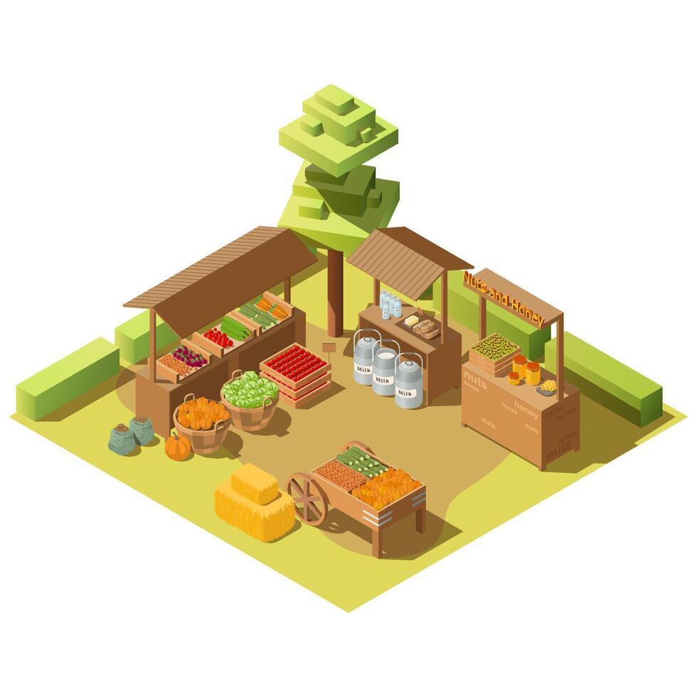 Outdoor food marketplace. 3d isometric farm local grocery market with fresh healthy vegetables, natural organic eco products. Agricultural goods on stalls. Harvest concept illustration vector