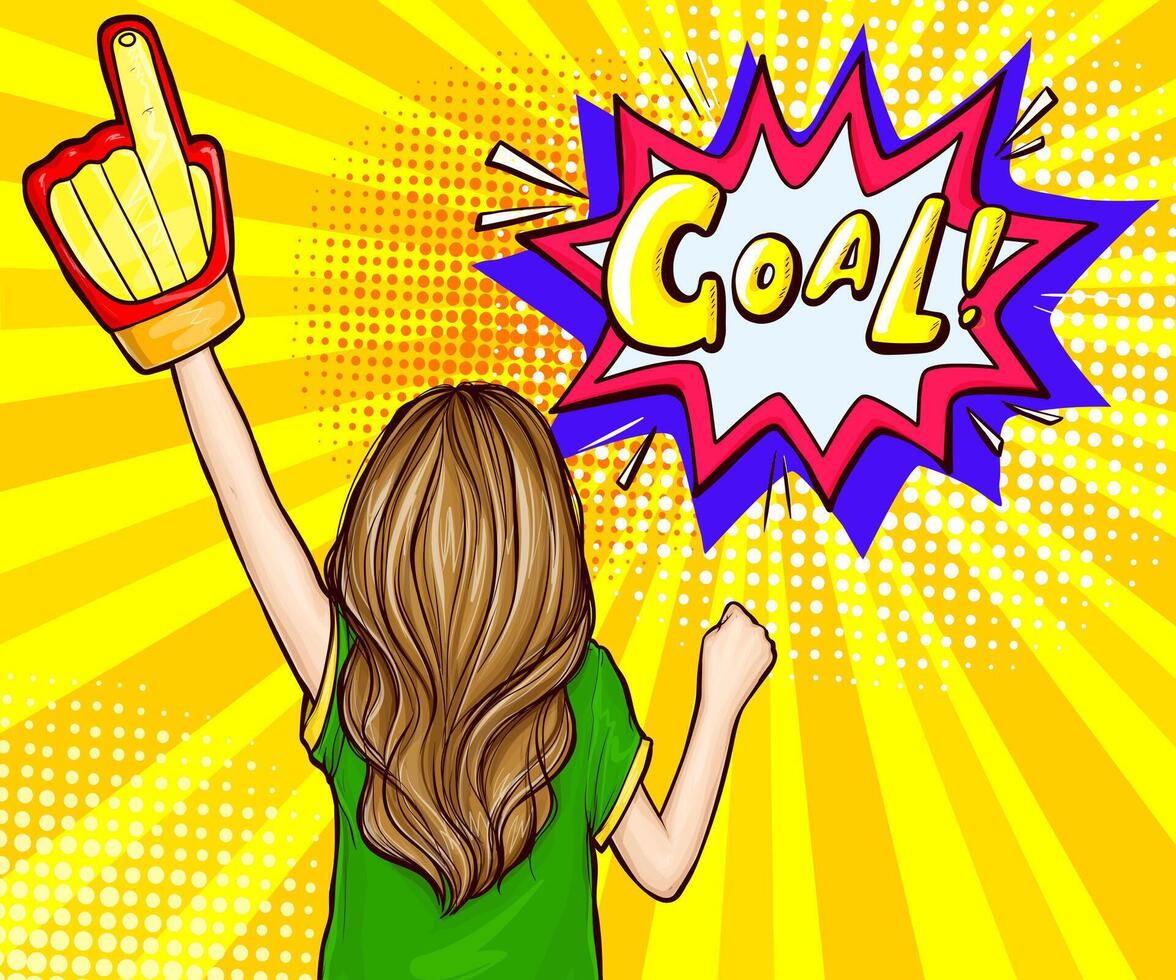 Pop art girl football fan standing backwards with a raised hand in glove rejoices win and goal speech bubble, illustration on yellow background. Female sports fan of soccer game, match. vector