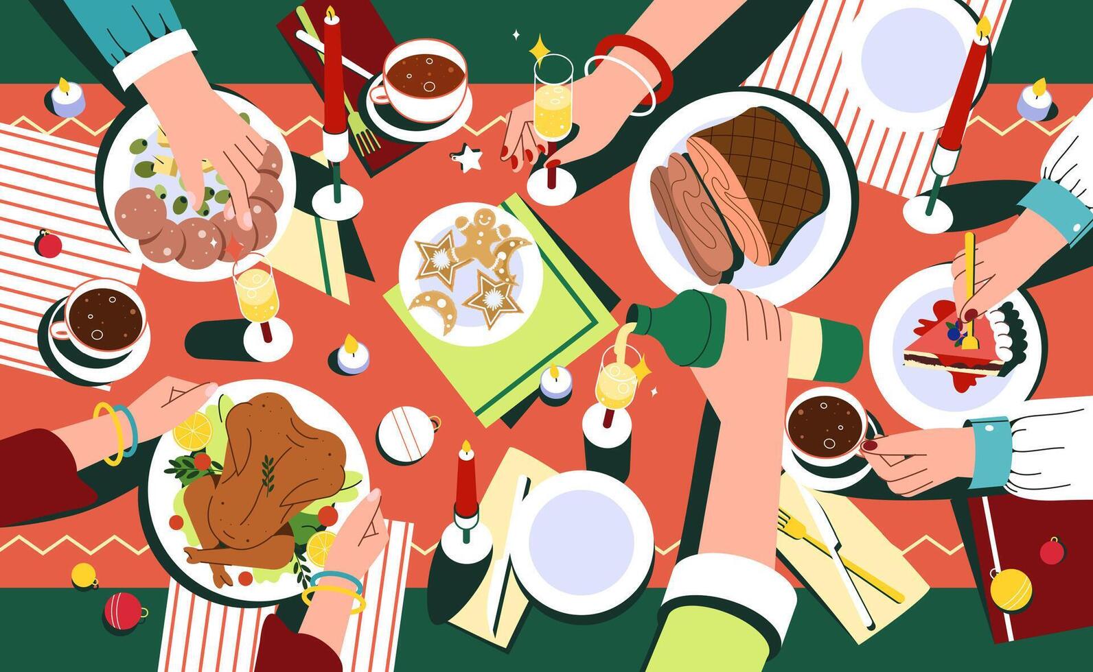 Christmas festive dinner with hands of people, decorated table top view. Delicious traditional holiday dishes on plates. Flat family celebrating thanksgiving day and eating delicious food together. vector
