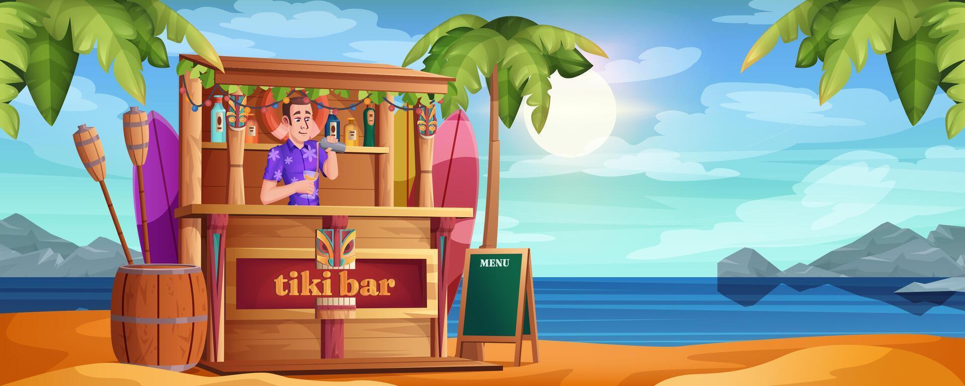 verano playa con tiki bar y contento barman. dibujos animados barman con cócteles y de madera café en arenoso mar línea costera. tropical Oceano apuntalar con palma arboles choza bar con tribal mascaras y bebidas vector