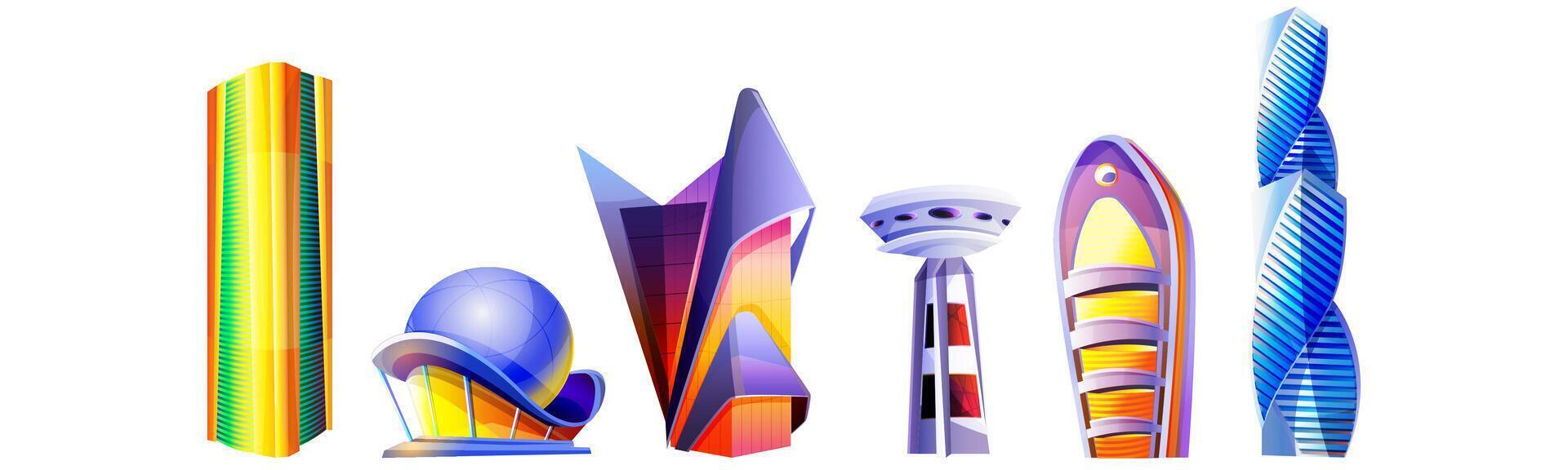 Cartoon set futuristic buildings unusual shapes with glass facade and domes isolated on white background. Future city. Modern style skyscrapers and architecture towers. Alien urban cityscape design. vector