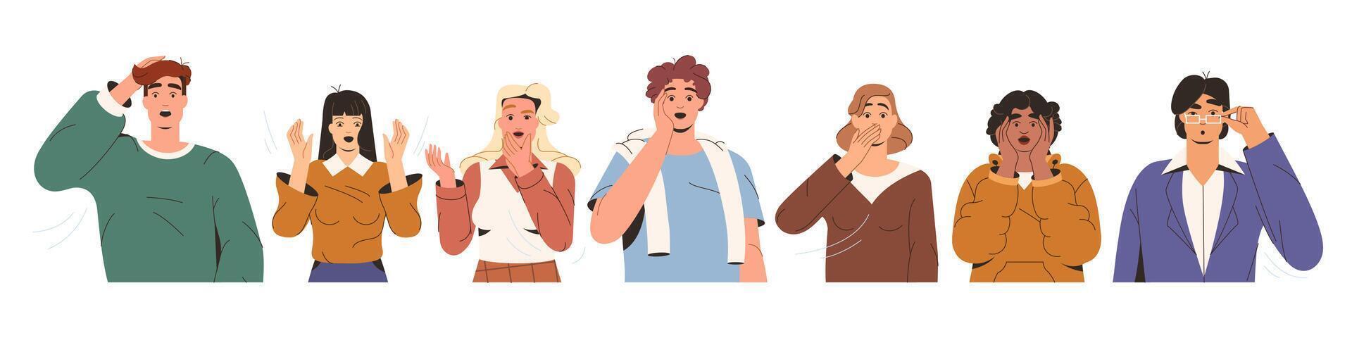 Flat portraits of shocked scared people faces. Excited and wondered characters. Young frightened people with open mouths, emotional gestures, reactions. Amazed men and women of different nationalities vector
