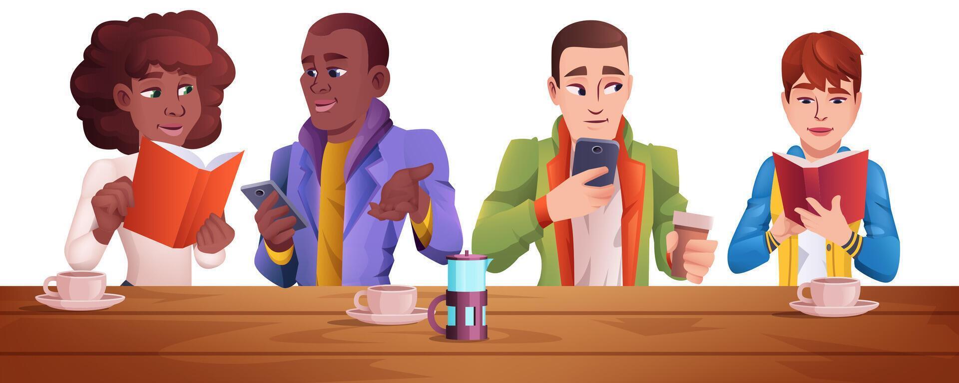 Cartoon diverse people in modern coffeehouse. Young characters sitting at bar counter and drinking coffee, working, using phone, reading book or surf on the internet. Women and men together front view vector