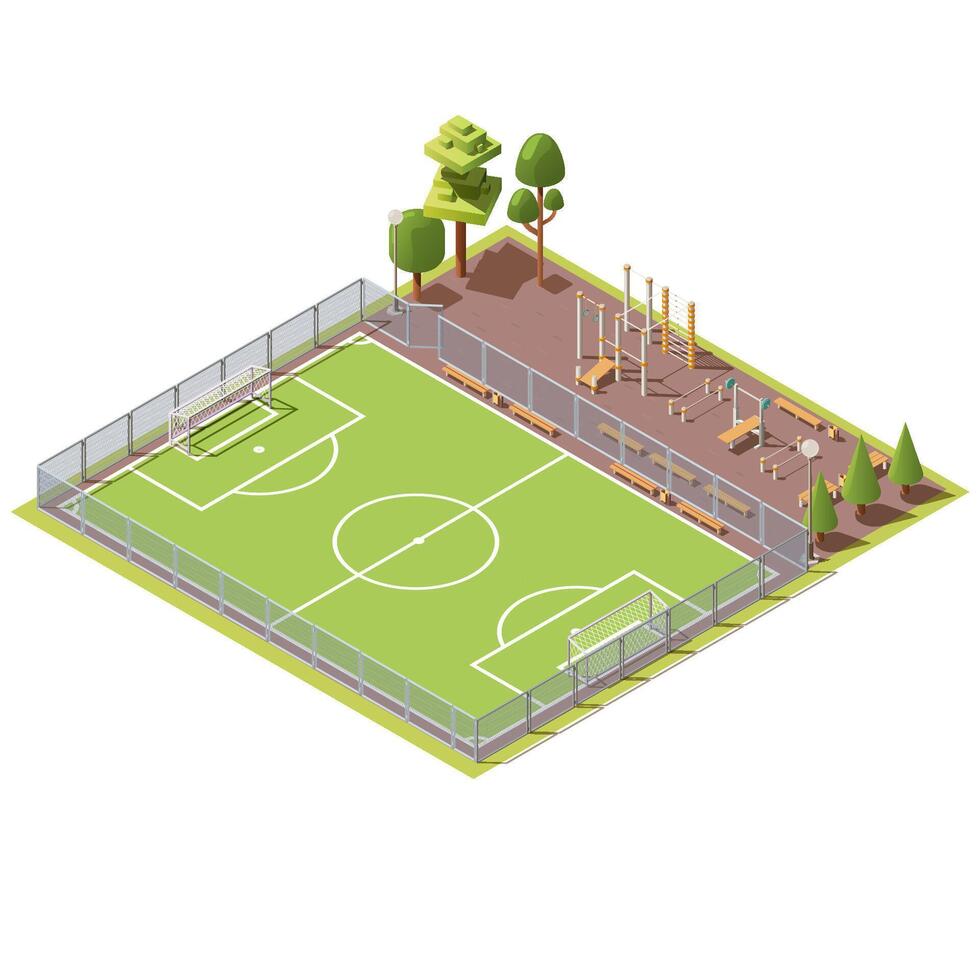 3d isométrica verde césped campo para fútbol americano juegos y calle rutina de ejercicio área. fútbol tono cerca al aire libre atlético gimnasio con bar, banco y escalera. deporte concepto. isometria aislado en blanco antecedentes. vector