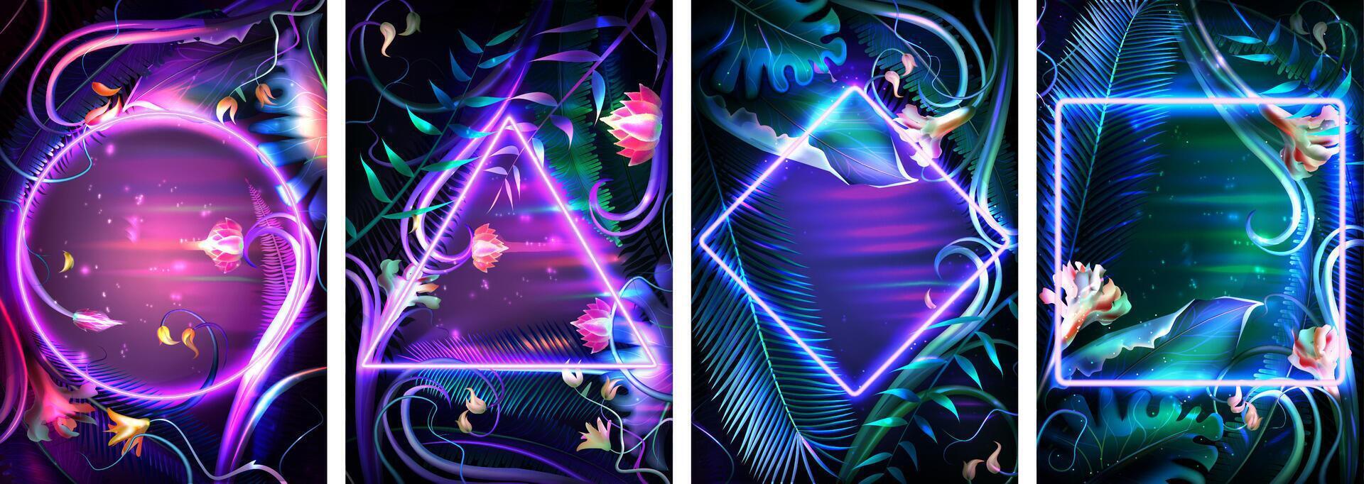 Set of tropical neon frames. Floral background with glowing tropic leaves and illuminated border of different geometric shapes. Bright palm leaf and exotic plants realistic illustration. vector