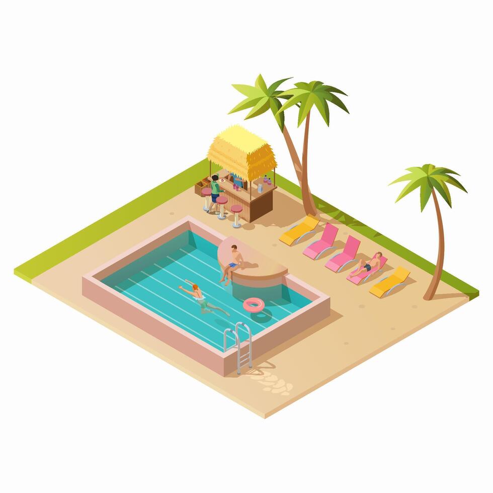 isométrica agua parque con agua piscina, bar, coche postal salones, palma árboles, personas o vacacionistas. ilustración aislado en blanco antecedentes. disfrutando verano vacaciones en al aire libre nadando piscina concepto vector