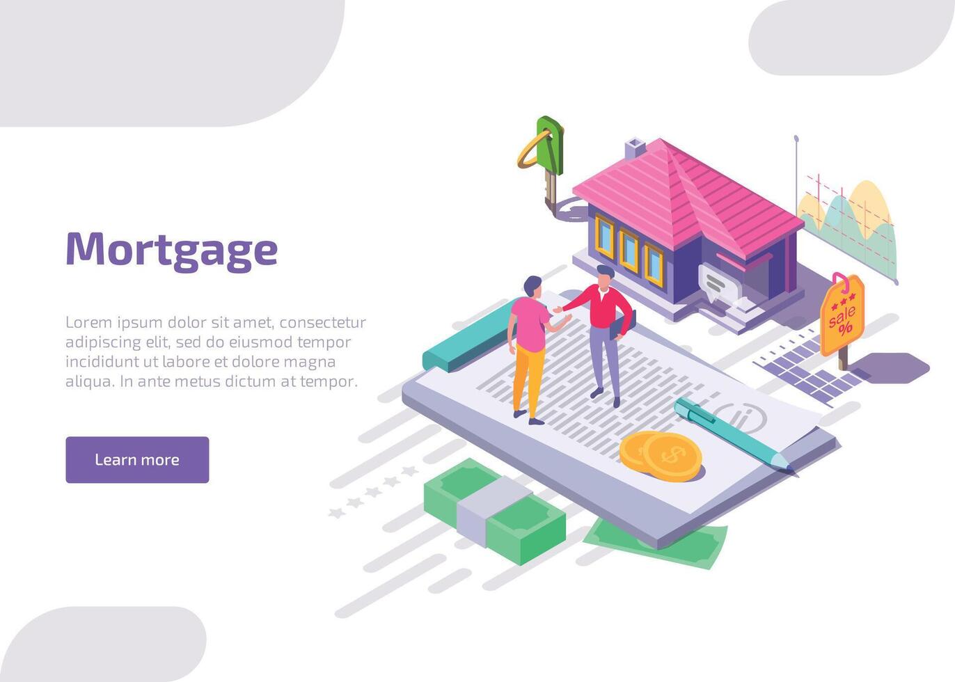 Mortgage isometric web banner. Man buy home, shake hands to real estate agent. Landing page of property mortgage with key, money and financial contract. Purchase house with bank credit, installments. vector