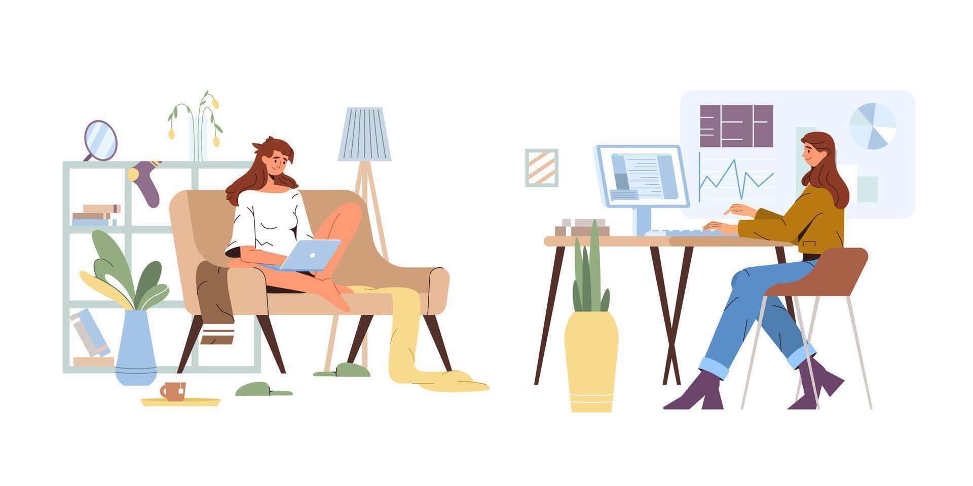 Working from home vs office. Flat official worker at computer in workplace and unofficial woman on sofa in living room. Remote online work on freelance versus office jobs. Employee against freelancer. vector