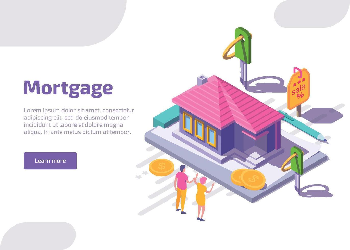 Mortgage isometric landing page or web banner. Happy couple near own cottage house with scattered coins and keys. Debt, hypothec loan, bank consumer credit offer for buying home by installments. vector