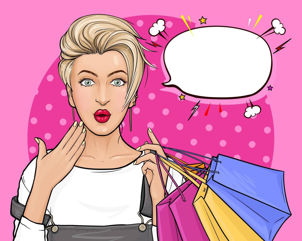 pop art illustration of a surprised blonde hair girl holding shopping bags on pink background. Amazed woman with wide open eyes and mouth. Excellent poster for advertising discounts and sales. vector