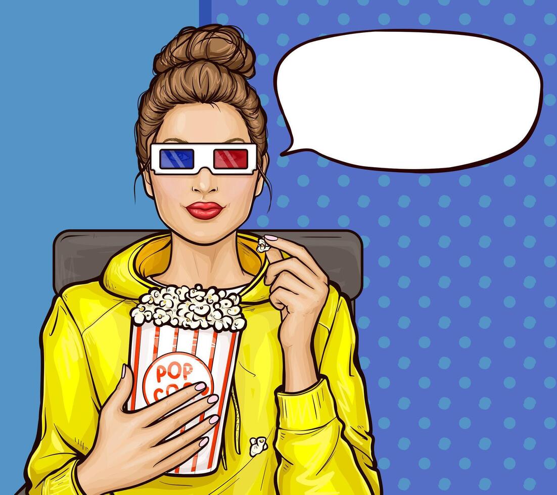pop art illustration of a beautiful brunette woman sitting in the auditorium, watching a 3D movie and eating popcorn. Girl in 3D glasses sits in a armchair and holds a container with sweet corn vector