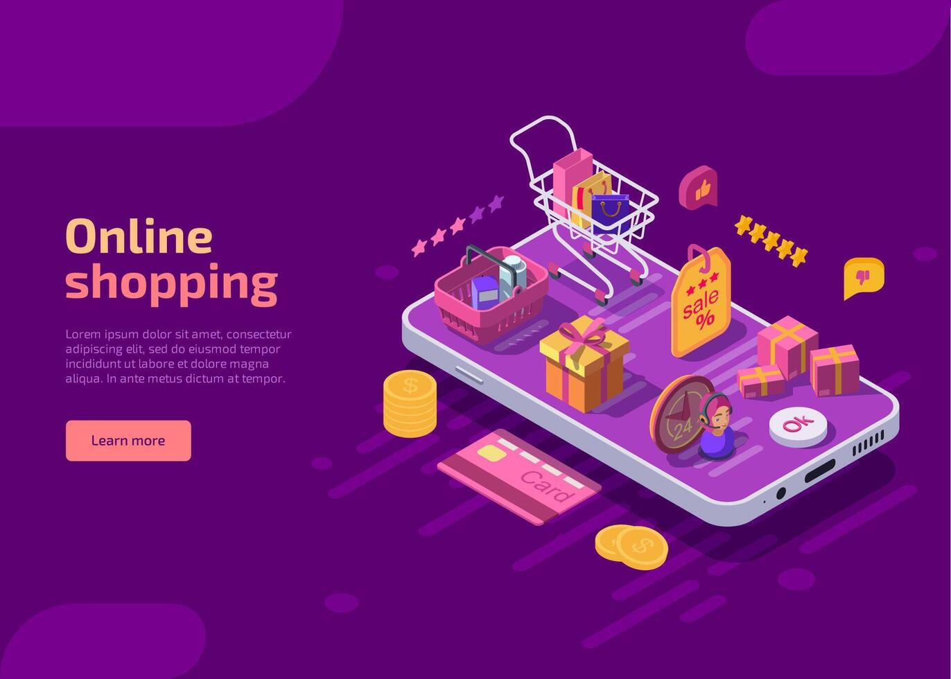 Online shopping isometric landing page template, web banner on purple background. Supermarket cart with purchases, boxes, gifts and basket on screen of mobile device. E-commerce store concept. vector