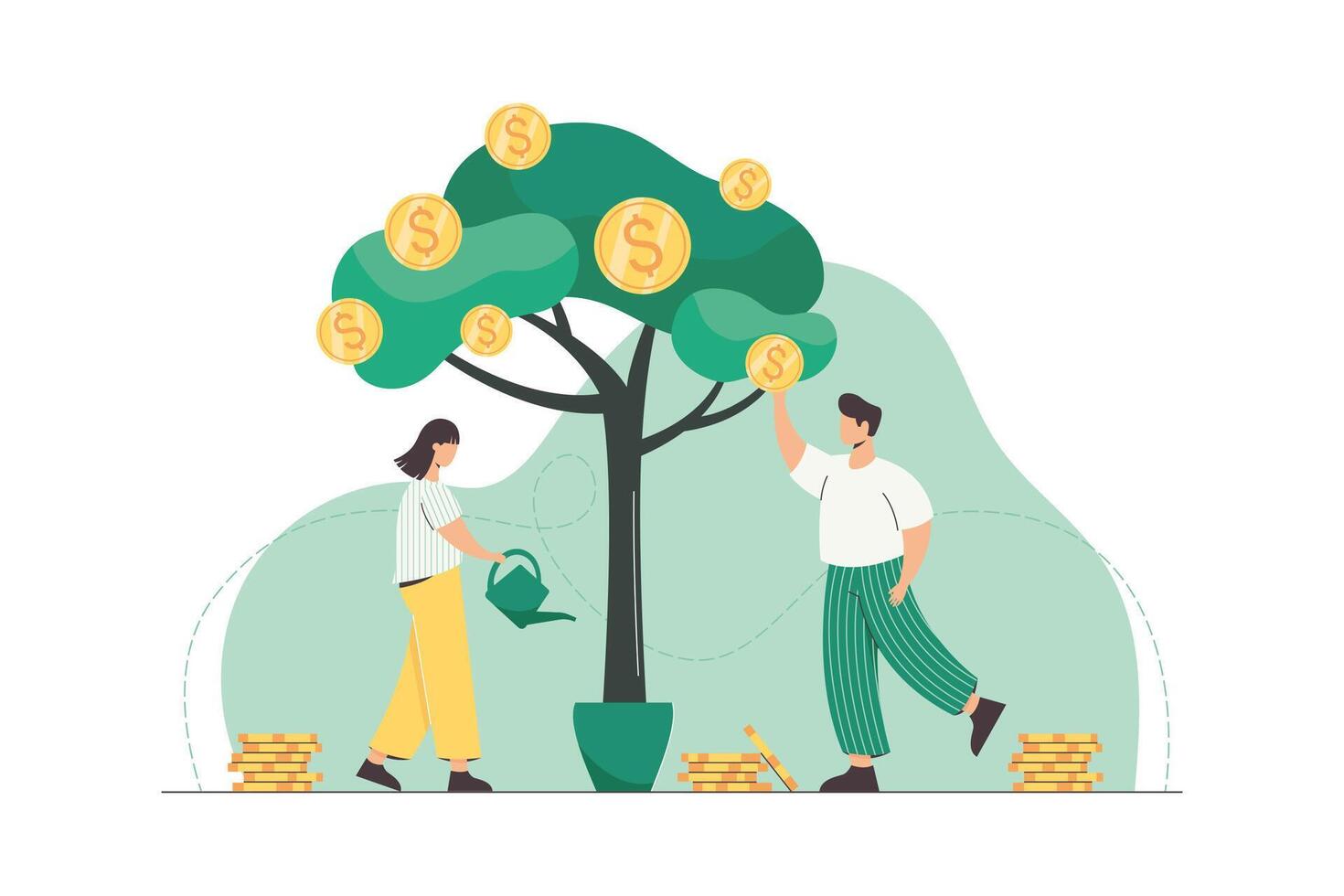 People watering money tree and picking golden coins from green plant. Successful business growth, income and investment concept. Flat characters making money. Company have cash financial profits. vector