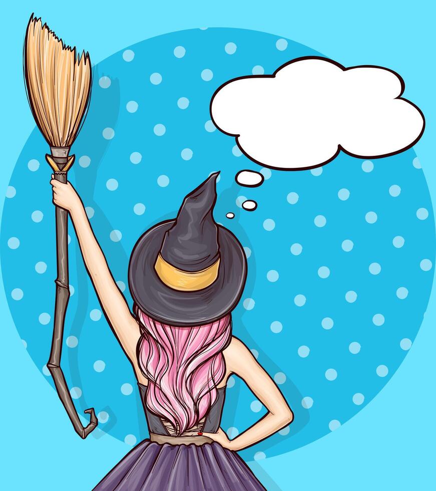 Pop art girl with pink hair standing backwards in witch costume. Young woman in dark hat and dress holds broom, retro illustration on blue background. Halloween party invitation, speech bubble. vector