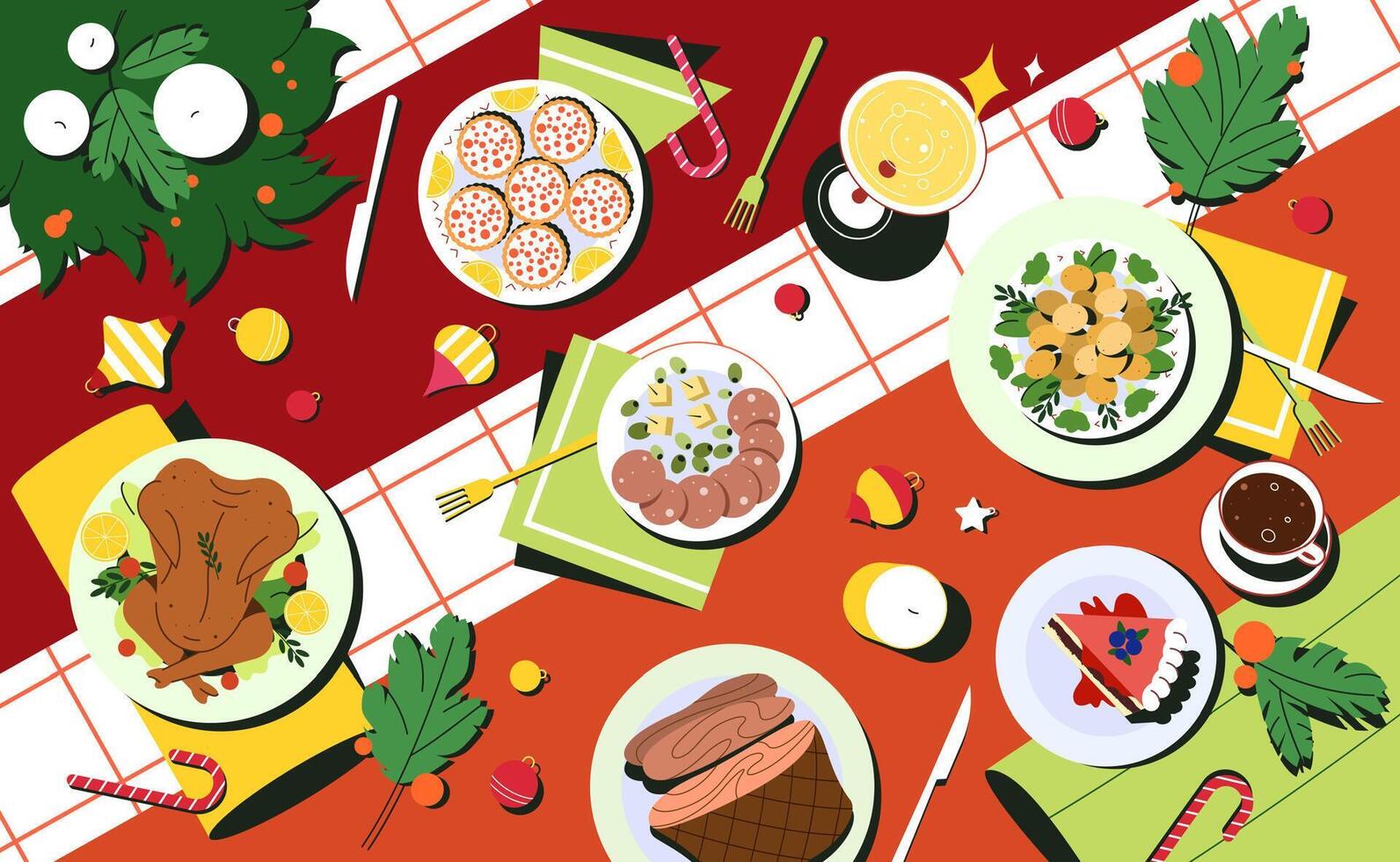 plano Navidad mesa parte superior ver con tradicional platos. comidas en platos, bebida y decorado cuchillería. rojo Manteles con fiesta alimento, velas y abeto guirnalda de abeto sucursales. vector