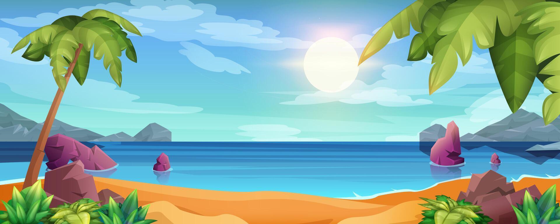 Cartoon sea landscape with ocean beach, seaside stones and sun. Summer tropical island with palm trees and clouds in blue sky. Seascape with rocks sticking up of water surface and sand in coastline. vector