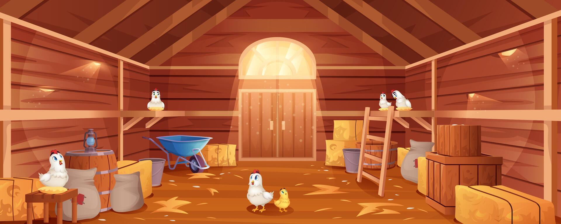 Cartoon barn interior with chickens, straw and hay. Farm house inside view. Traditional wooden ranch with haystacks, sacks, gate and window. Old shed building with hen nests and garden tools. vector