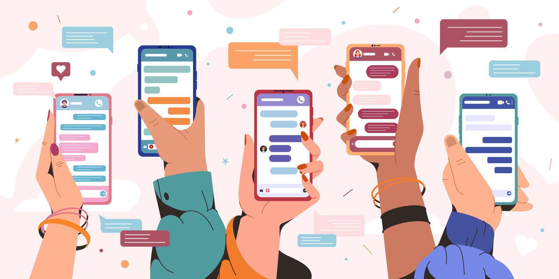 Hands holding smartphones with message chart. People chatting with friends and sending new messages. Sms bubbles boxes on mobile phone screen. Social media communication concept in flat style. vector