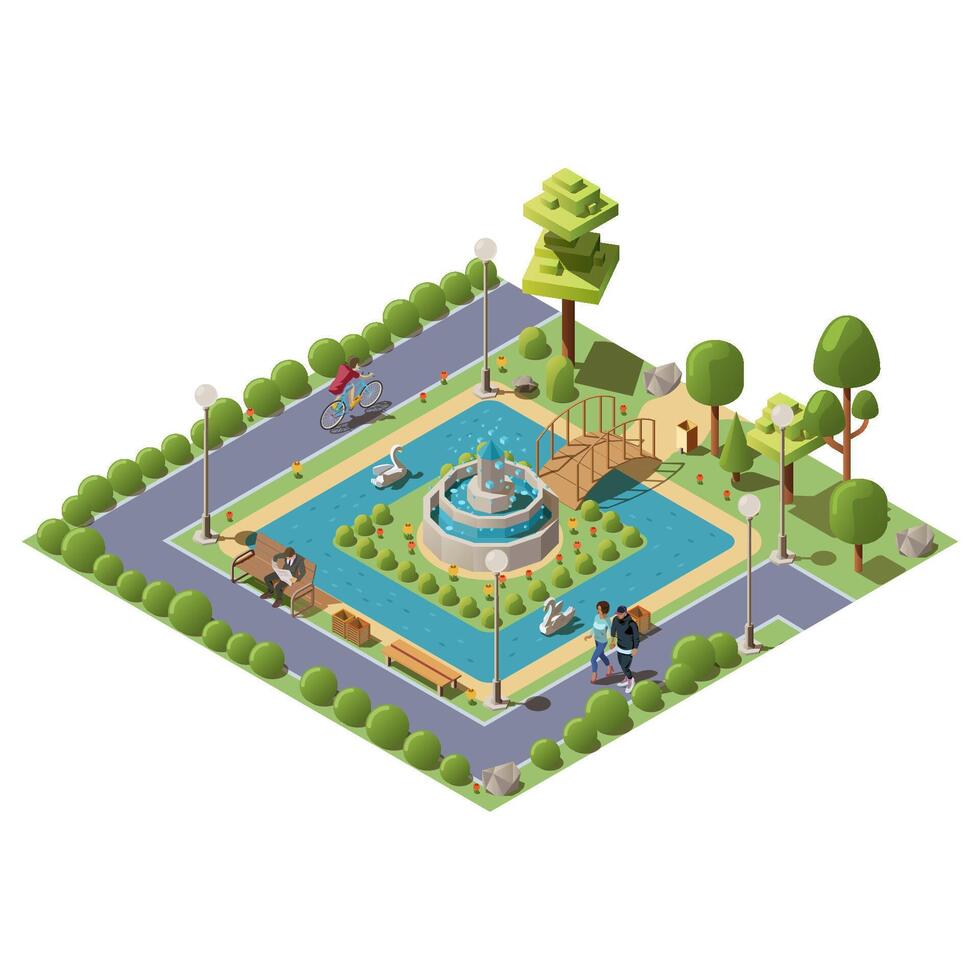 isométrica verde ciudad parque con gente, estanque, puente, plantas, bancos y fuente en centrar ilustración. un zona de descanso y relajación para familia. al aire libre público parque concepto con caracteres vector