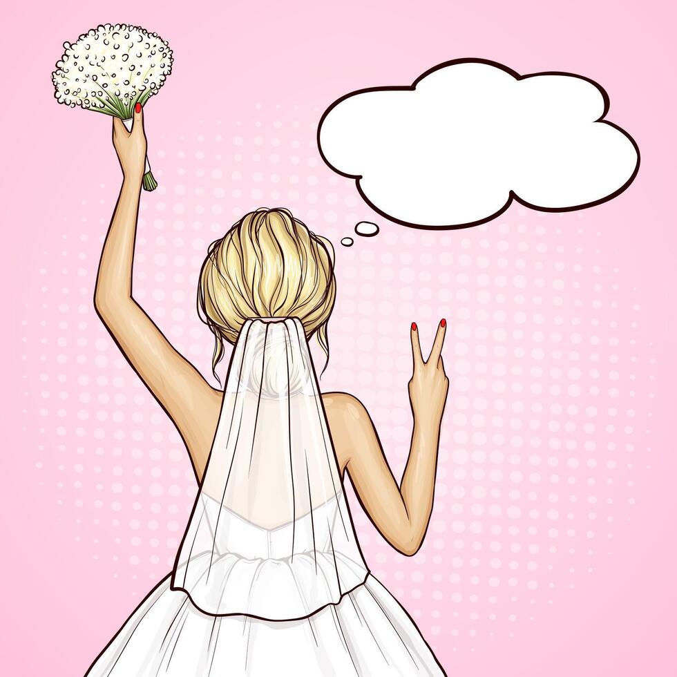 Bride standing backwards in white dress, veil with wedding bouquet in hand, pop art illustration on pink background. Girl holds flowers and shows peace, victory gesture. Ceremony celebration. vector