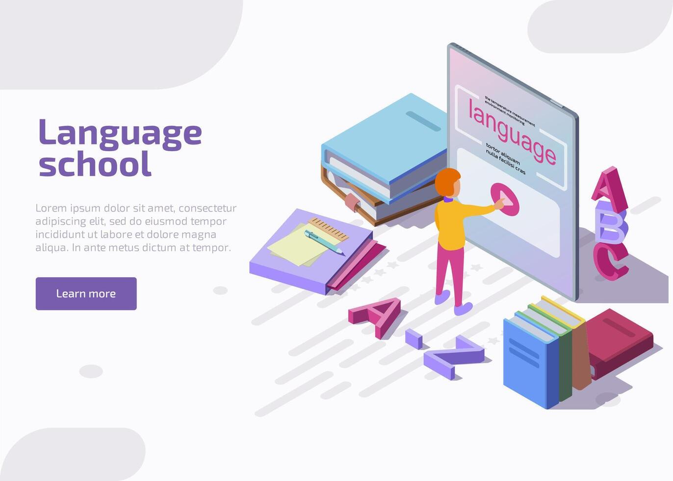 Language school isometric landing page. Isometric character learning english through application on tablet. Online education, training or e-learning courses, university lesson for banner and website. vector