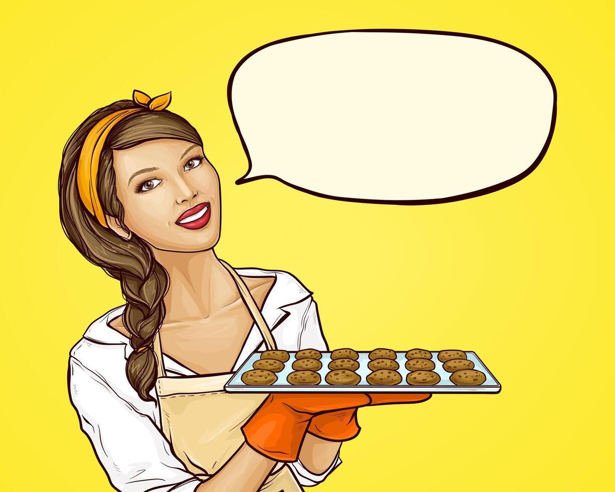 Pop art woman holding tray with biscuit for family tea party or event celebration. Cookies on baking sheet. Housewife in apron, gloves cooking dessert, meet guests, speech bubble, illustration. vector