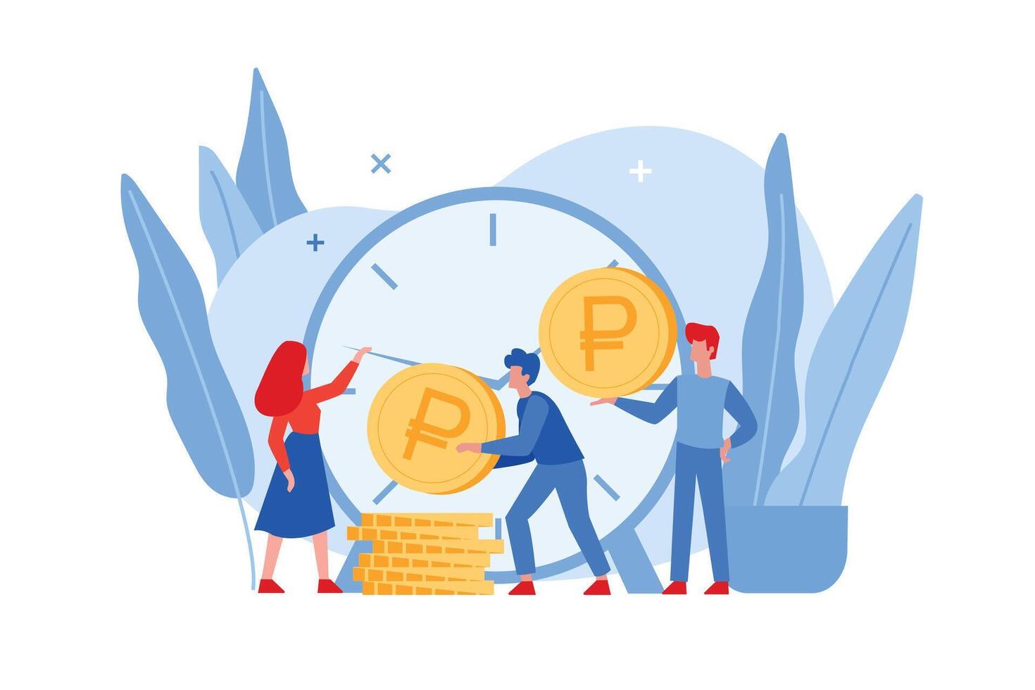 Time is money flat illustration. Financial investment in stock market future and marketing planning of money growth with big clock, golden coins and business people. Save time concept. vector