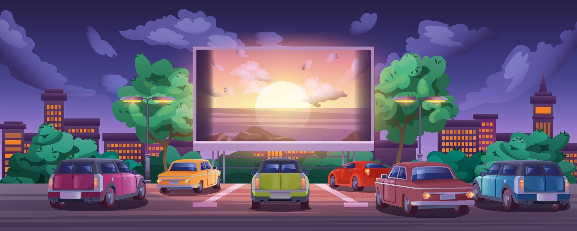 conducir en película teatro con automóviles en abierto aire estacionamiento a noche. al aire libre cine con brillante grande pantalla y carros. dibujos animados verano noche película festival en ciudad. urbano entretenimiento o ocio vector