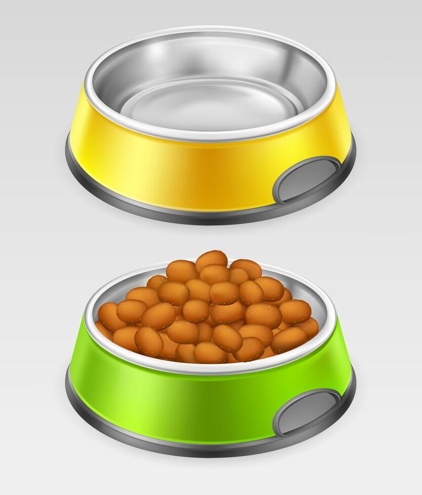 Empty and full of feed metal plate for animal with black edging, isolated on gray background. Yellow and green stainless steel bowl for cat, dog, pet for food or water, realistic illustration. vector