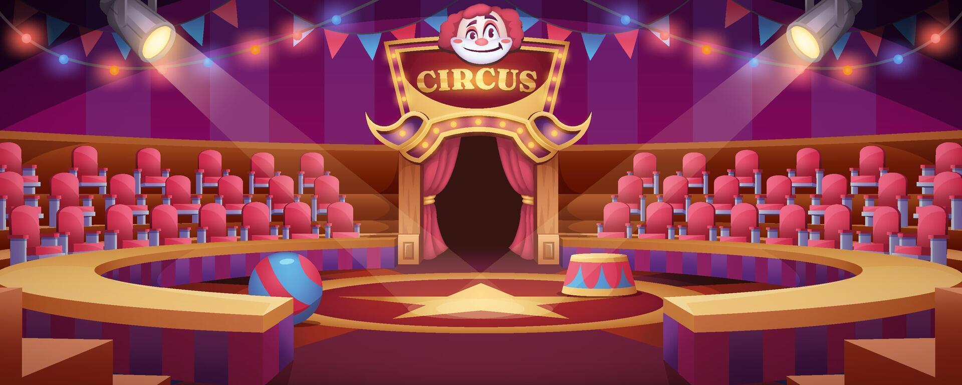 Cartoon circus arena. Round stage under marquee dome with seats, flags and searchlights for entertainment performance or carnival show. Empty interior inside or carnival ring of cirque tent with scene vector