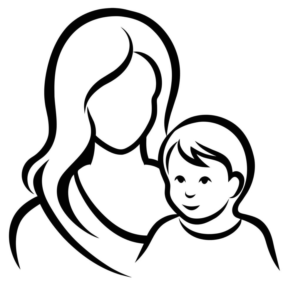 Beautiful mother silhouette with baby. Liner logo illustration on white background. Mother day card vector