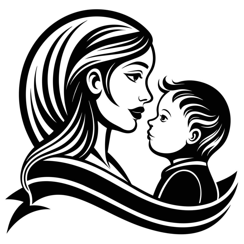 Beautiful mother silhouette with baby. Liner logo illustration on white background. Mother day card vector