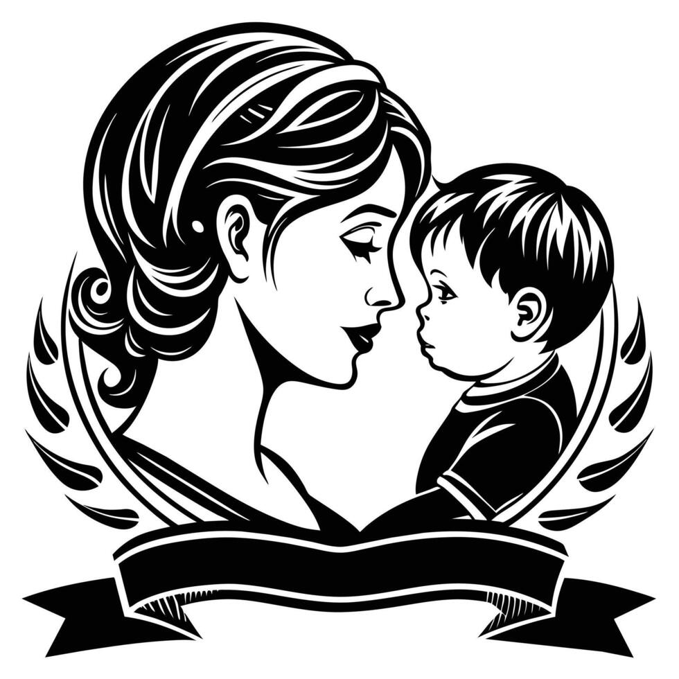 Beautiful mother silhouette with baby. Liner logo illustration on white background. Mother day card vector