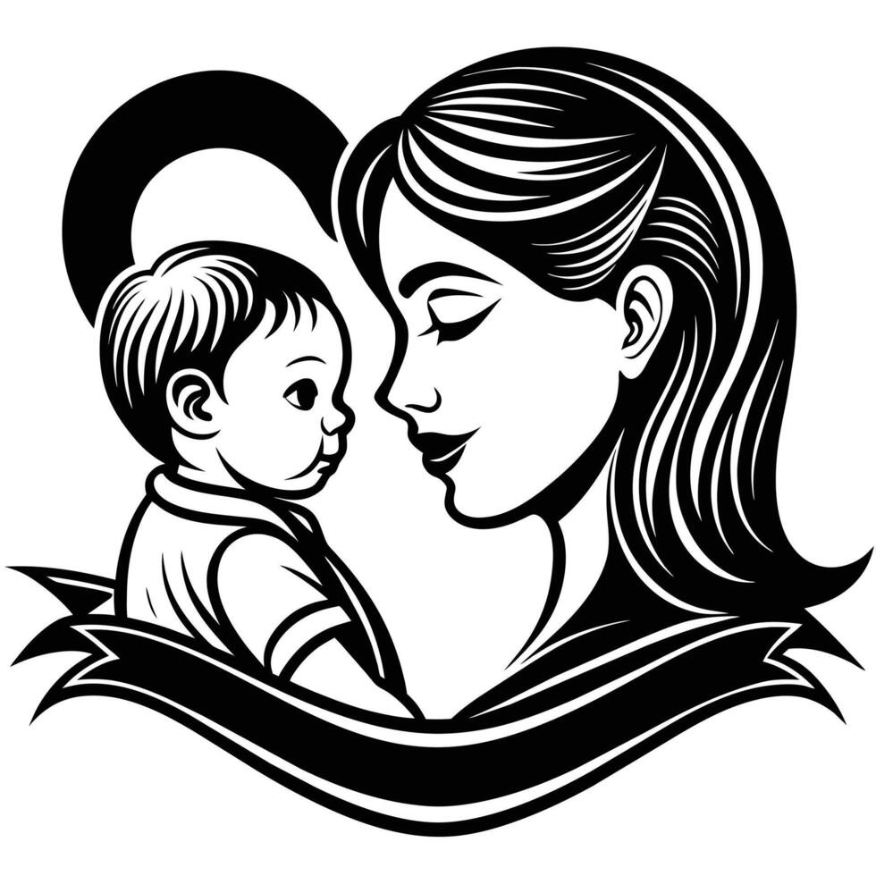 Beautiful mother silhouette with baby. Liner logo illustration on white background. Mother day card vector