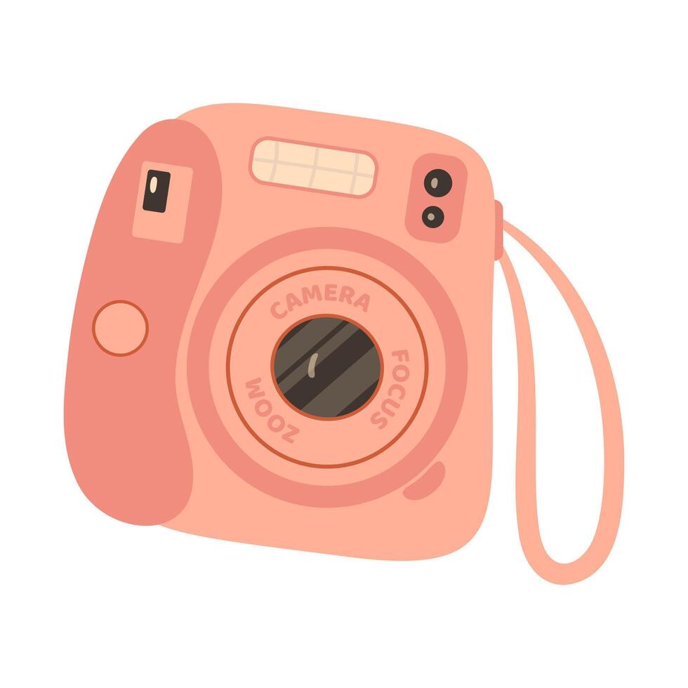 rosado instante cámara dispositivo. fotografía cámara mano dibujado de moda plano estilo en blanco antecedentes. icono para sitios web o móvil aplicaciones destello y lente visible vector