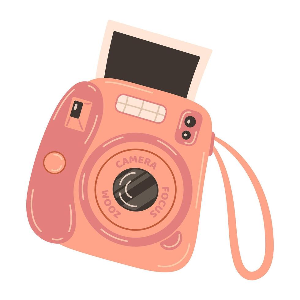 rosado instante cámara dispositivo con foto. fotografía cámara mano dibujado de moda plano estilo en blanco antecedentes. icono para sitios web o móvil aplicaciones destello y lente visible. vector