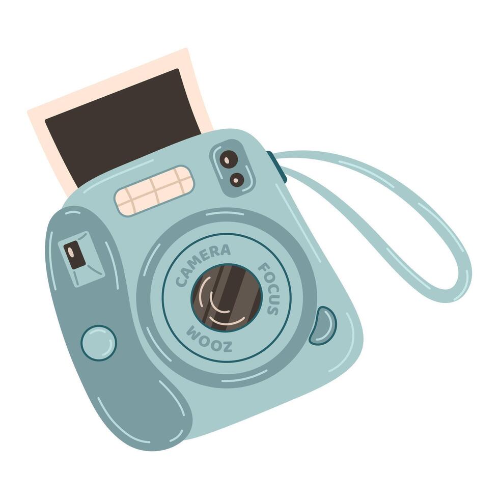 Blue Instant camera device with photo. Photography camera Hand drawn trendy flat style on white background. Icon for websites or mobile applications. Flash and lens visible. vector